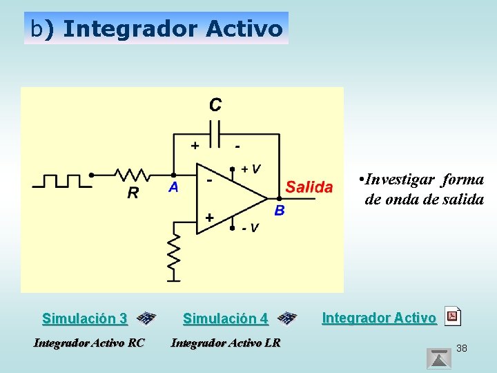 b) Integrador Activo • Investigar forma de onda de salida Simulación 3 Integrador Activo