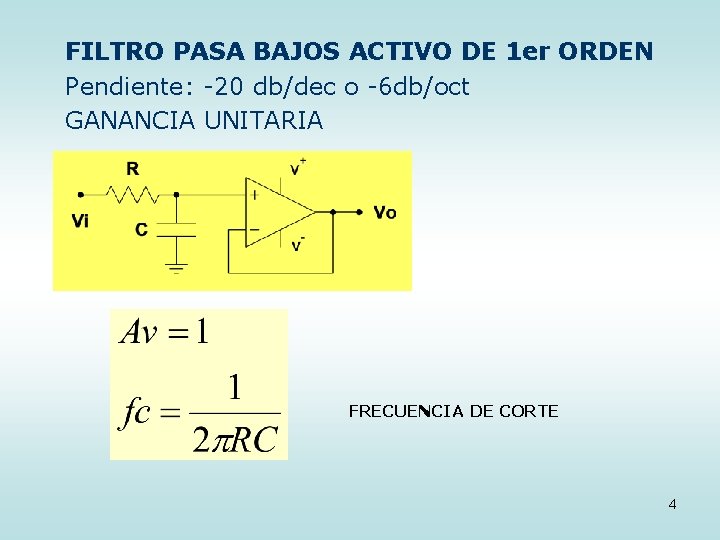 FILTRO PASA BAJOS ACTIVO DE 1 er ORDEN Pendiente: -20 db/dec o -6 db/oct