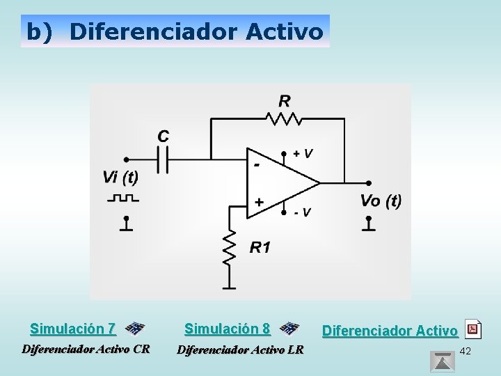 b) Diferenciador Activo Simulación 7 Diferenciador Activo CR Simulación 8 Diferenciador Activo LR Diferenciador