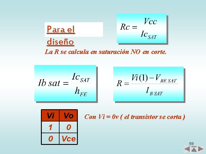 Para el diseño La R se calcula en saturación NO en corte. Vi Vo