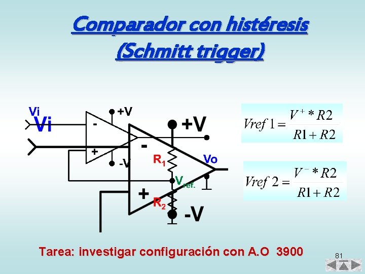 Comparador con histéresis (Schmitt trigger) Tarea: investigar configuración con A. O 3900 81 