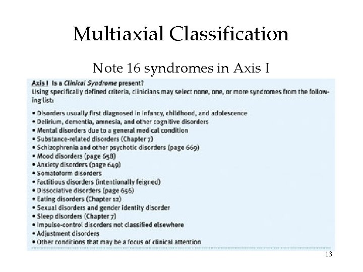 Multiaxial Classification Note 16 syndromes in Axis I 13 