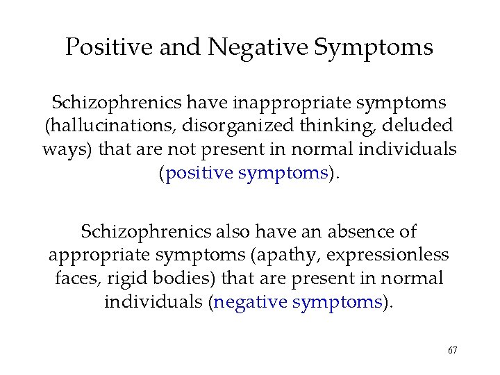 Positive and Negative Symptoms Schizophrenics have inappropriate symptoms (hallucinations, disorganized thinking, deluded ways) that