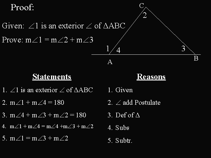 C Proof: 2 Given: 1 is an exterior of ΔABC Prove: m 1 =