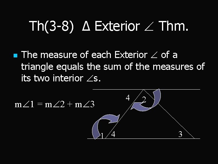 Th(3 -8) Δ Exterior Thm. n The measure of each Exterior of a triangle