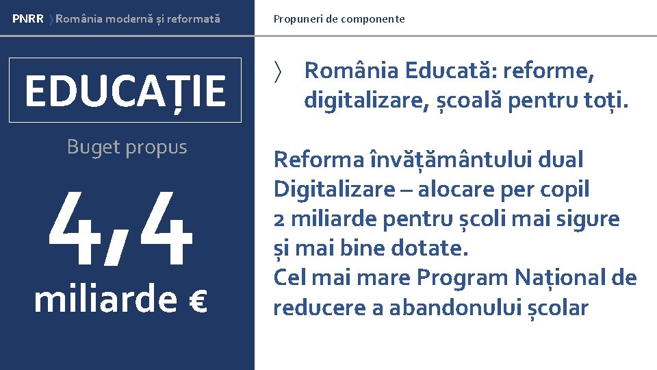 PNRR România modernă și reformată Propuneri de componente Domenii cheie pentru modernizarea României EDUCAȚIE