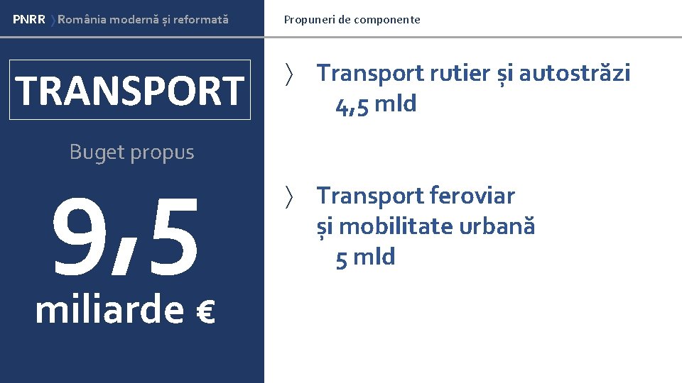 PNRR România modernă și reformată Domenii cheie pentru modernizarea României TRANSPORT Propuneri de componente