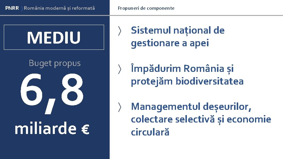 PNRR România modernă și reformată Domenii cheie pentru modernizarea României Propuneri de componente MEDIU