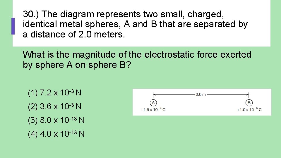 30. ) The diagram represents two small, charged, identical metal spheres, A and B