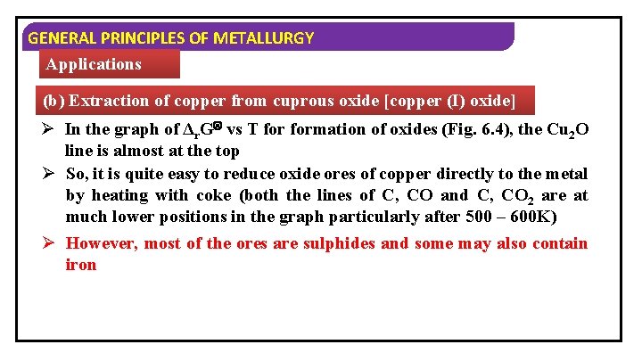 GENERAL PRINCIPLES OF METALLURGY Applications (b) Extraction of copper from cuprous oxide [copper (I)