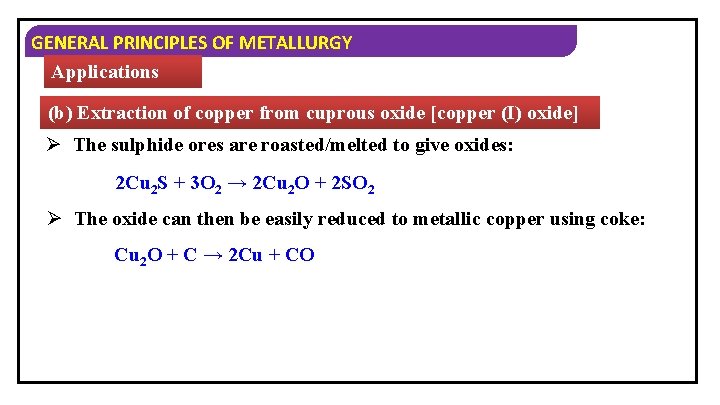 GENERAL PRINCIPLES OF METALLURGY Applications (b) Extraction of copper from cuprous oxide [copper (I)