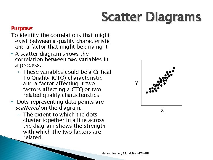 Scatter Diagrams Purpose: To identify the correlations that might exist between a quality characteristic