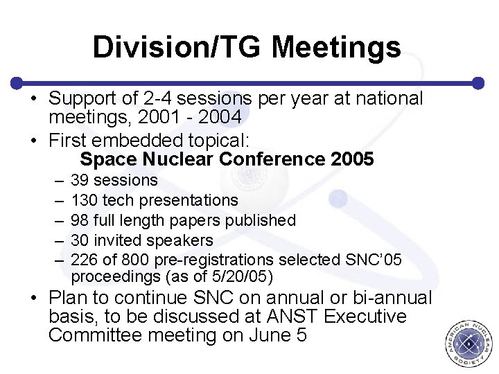 Division/TG Meetings • Support of 2 -4 sessions per year at national meetings, 2001