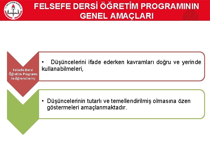 FELSEFE DERSİ ÖĞRETİM PROGRAMININ GENEL AMAÇLARI Felsefe Dersi Öğretim Programı ile öğrencilerin; • Düşüncelerini