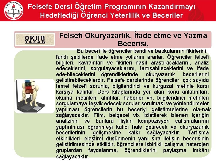 Felsefe Dersi Öğretim Programının Kazandırmayı Hedeflediği Öğrenci Yeterlilik ve Beceriler Felsefi Okuryazarlık, İfade etme