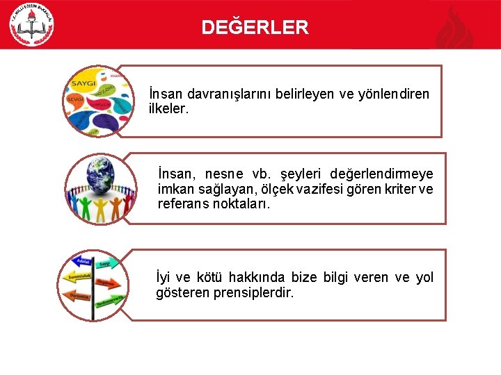 DEĞERLER İnsan davranışlarını belirleyen ve yönlendiren ilkeler. İnsan, nesne vb. şeyleri değerlendirmeye imkan sağlayan,