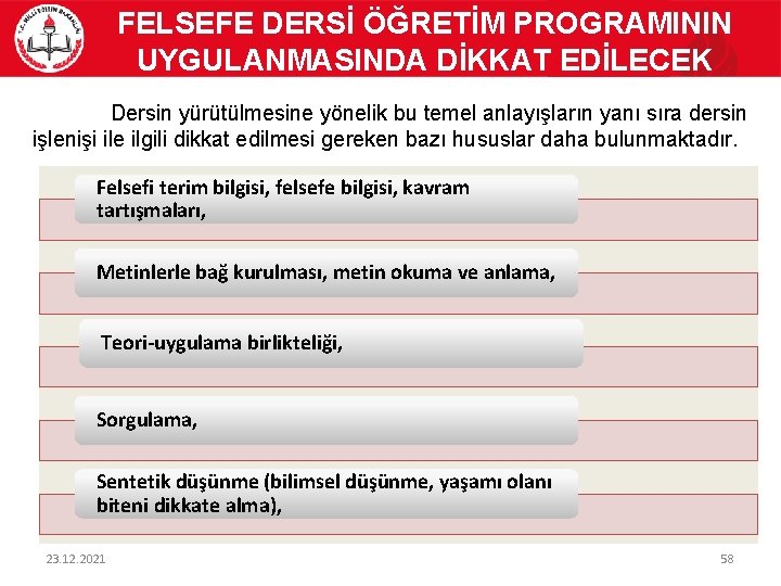 FELSEFE DERSİ ÖĞRETİM PROGRAMININ UYGULANMASINDA DİKKAT EDİLECEK HUSUSLAR Dersin yürütülmesine yönelik bu temel anlayışların