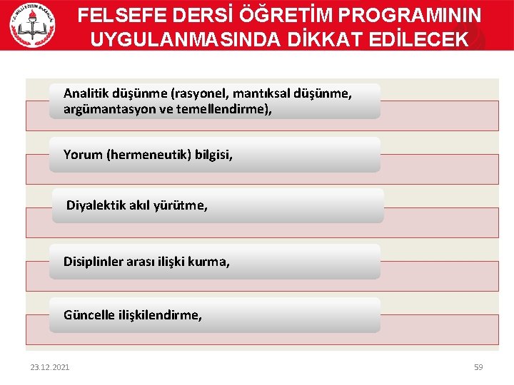 FELSEFE DERSİ ÖĞRETİM PROGRAMININ UYGULANMASINDA DİKKAT EDİLECEK HUSUSLAR Analitik düşünme (rasyonel, mantıksal düşünme, argümantasyon