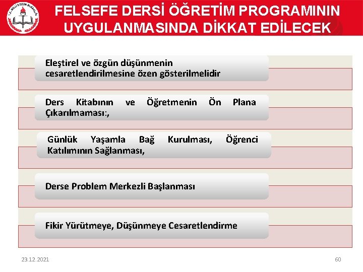 FELSEFE DERSİ ÖĞRETİM PROGRAMININ UYGULANMASINDA DİKKAT EDİLECEK HUSUSLAR Eleştirel ve özgün düşünmenin cesaretlendirilmesine özen