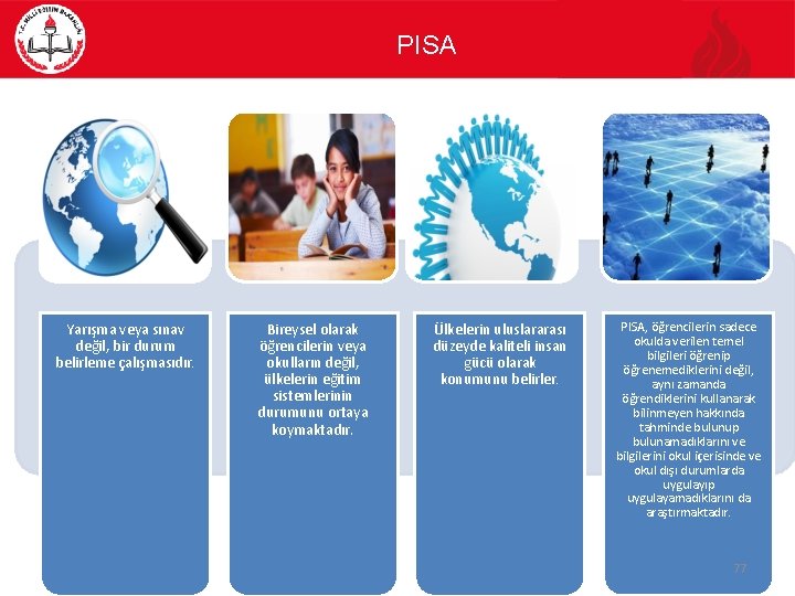 PISA Yarışma veya sınav değil, bir durum belirleme çalışmasıdır. Bireysel olarak öğrencilerin veya okulların