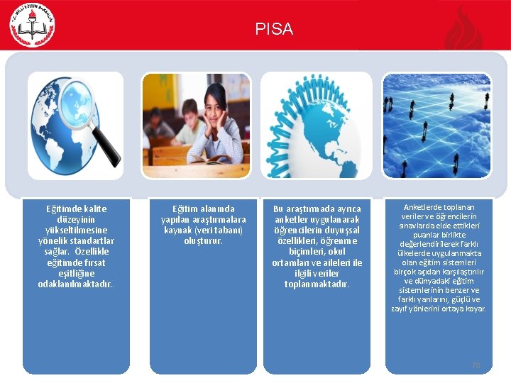PISA Eğitimde kalite düzeyinin yükseltilmesine yönelik standartlar sağlar. Özellikle eğitimde fırsat eşitliğine odaklanılmaktadır. .