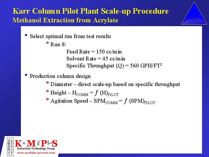 Karr Column Pilot Plant Scale-up Procedure Methanol Extraction from Acrylate • Select optimal run