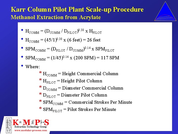 Karr Column Pilot Plant Scale-up Procedure Methanol Extraction from Acrylate • HCOMM = (DCOMM