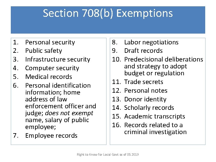 Section 708(b) Exemptions 1. 2. 3. 4. 5. 6. Personal security Public safety Infrastructure