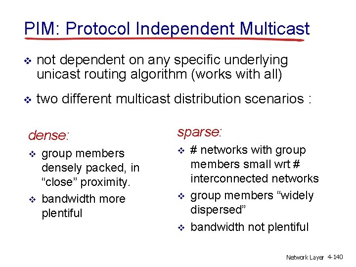 PIM: Protocol Independent Multicast v not dependent on any specific underlying unicast routing algorithm