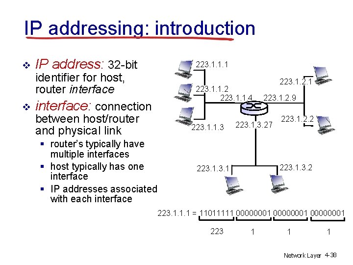 IP addressing: introduction v v IP address: 32 -bit 223. 1. 1. 1 identifier