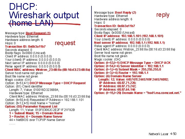 DHCP: Wireshark output (home LAN) Message type: Boot Request (1) Hardware type: Ethernet Hardware