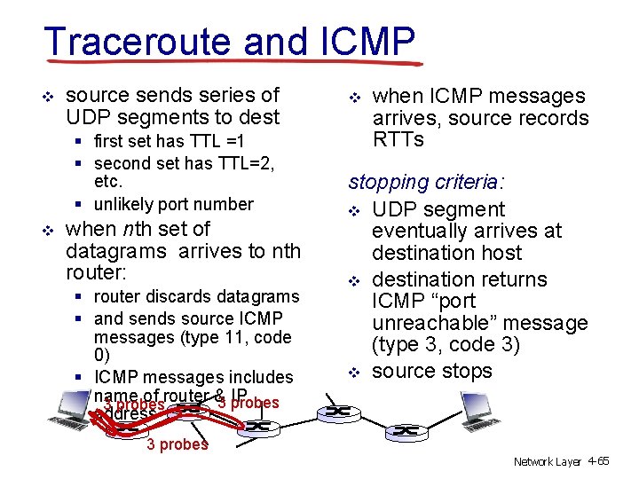 Traceroute and ICMP v source sends series of UDP segments to dest § first