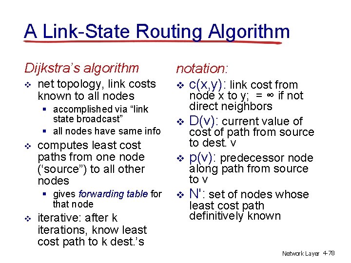 A Link-State Routing Algorithm Dijkstra’s algorithm v net topology, link costs known to all