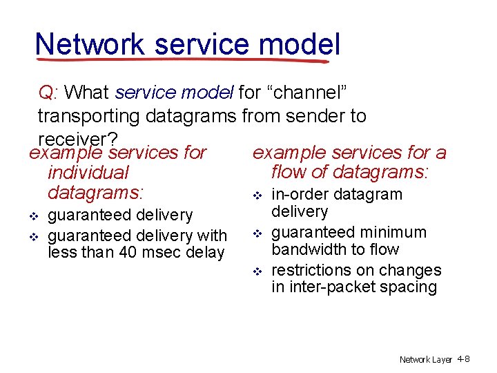 Network service model Q: What service model for “channel” transporting datagrams from sender to