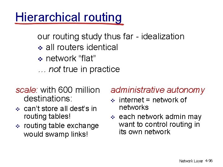 Hierarchical routing our routing study thus far - idealization v all routers identical v