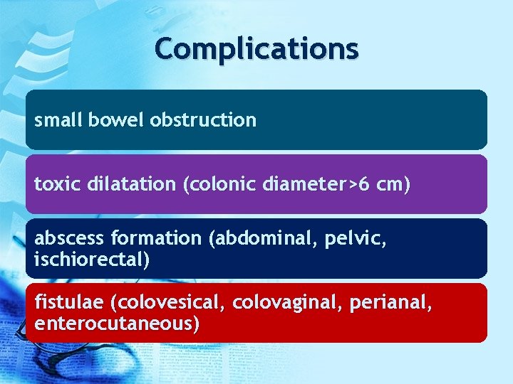 Complications small bowel obstruction toxic dilatation (colonic diameter>6 cm) abscess formation (abdominal, pelvic, ischiorectal)