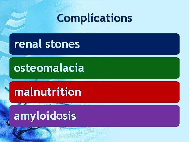 Complications renal stones osteomalacia malnutrition amyloidosis 