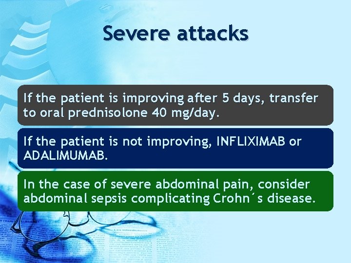 Severe attacks If the patient is improving after 5 days, transfer to oral prednisolone