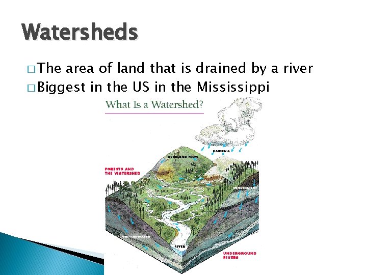 Watersheds � The area of land that is drained by a river � Biggest