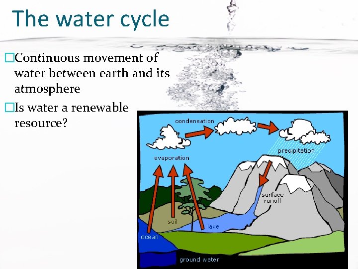 The water cycle �Continuous movement of water between earth and its atmosphere �Is water
