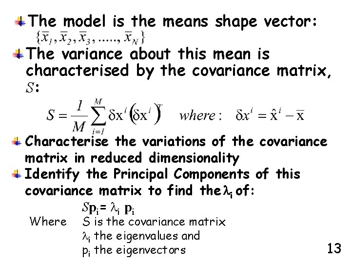 The model is the means shape vector: The variance about this mean is characterised