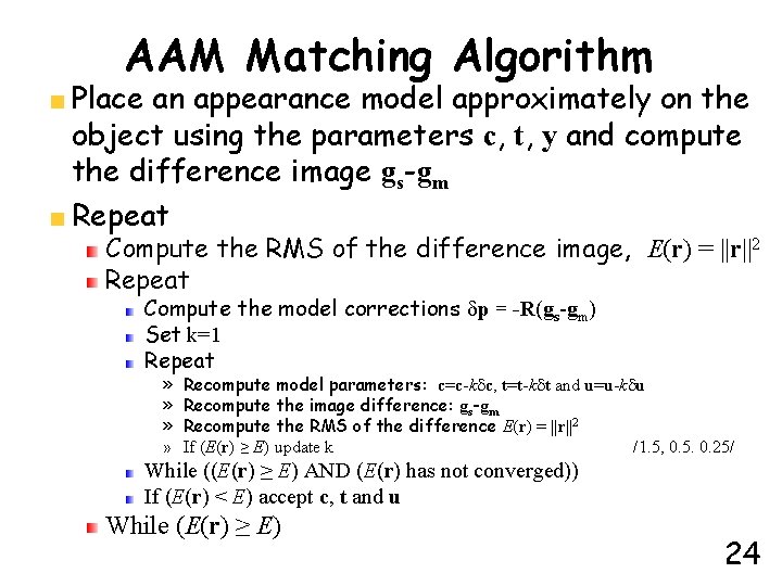 AAM Matching Algorithm Place an appearance model approximately on the object using the parameters