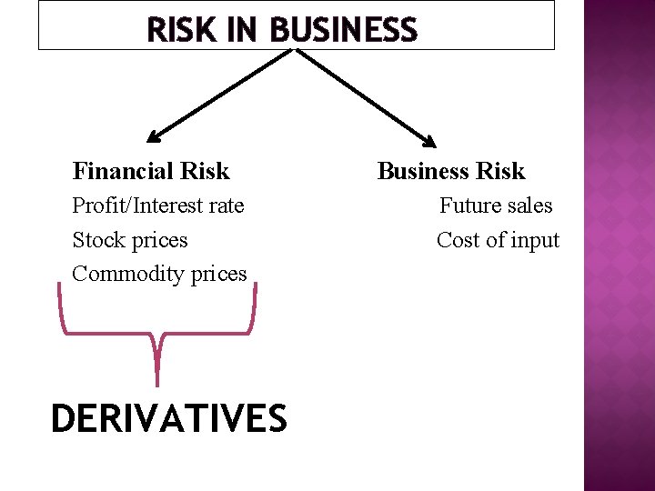 RISK IN BUSINESS Financial Risk Profit/Interest rate Stock prices Commodity prices DERIVATIVES Business Risk RISK IN BUSINESS Financial Risk Profit/Interest rate Stock prices Commodity prices DERIVATIVES Business Risk