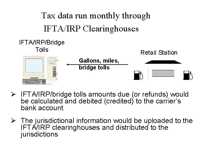 Tax data run monthly through IFTA/IRP Clearinghouses IFTA/IRP/Bridge Tolls Retail Station Gallons, miles, bridge
