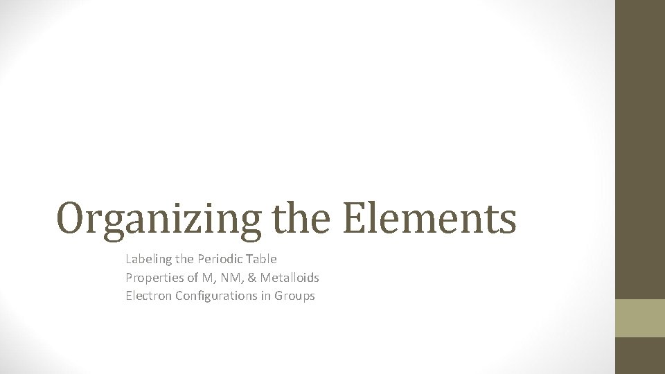 Organizing the Elements Labeling the Periodic Table Properties of M, NM, & Metalloids Electron