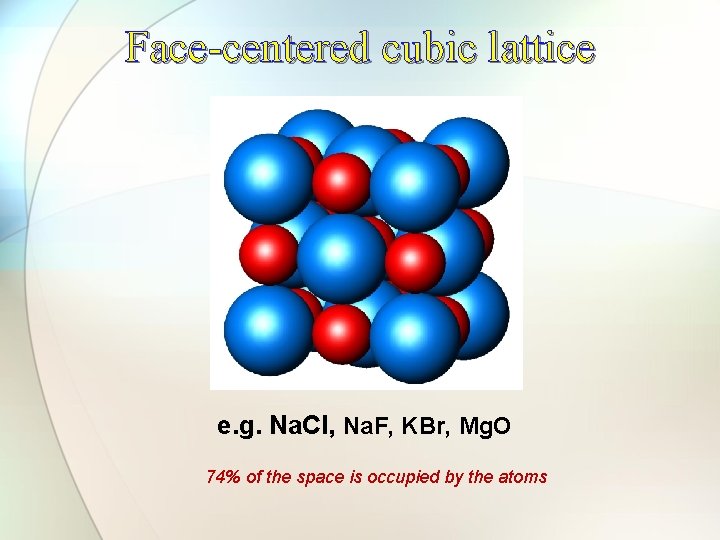 Face-centered cubic lattice e. g. Na. Cl, Na. F, KBr, Mg. O 74% of