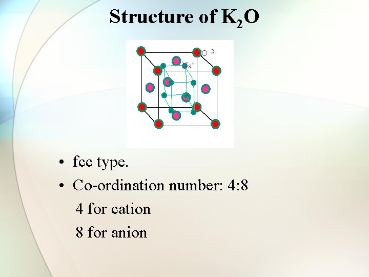 Structure of K 2 O O -2 Na+ • fcc type. • Co-ordination number: