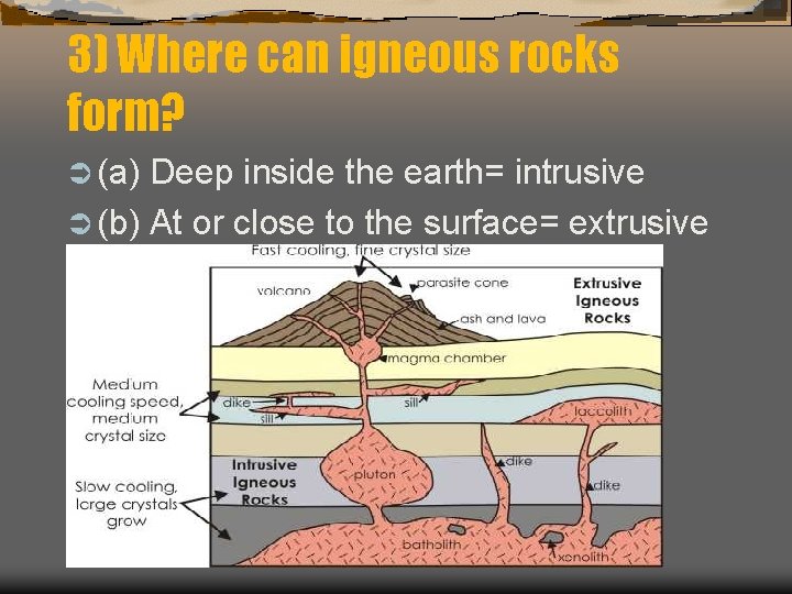 3) Where can igneous rocks form? Ü (a) Deep inside the earth= intrusive Ü