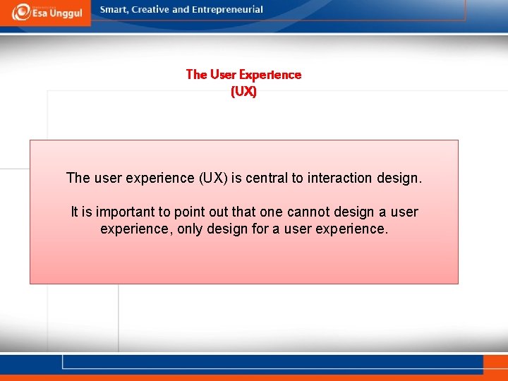 The User Experience (UX) The user experience (UX) is central to interaction design. It