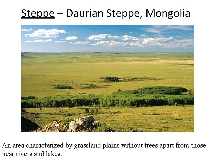 Steppe – Daurian Steppe, Mongolia An area characterized by grassland plains without trees apart
